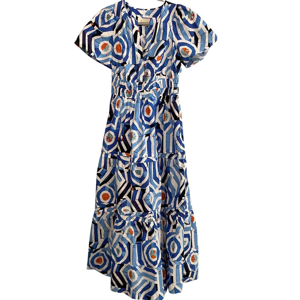 Anthropologie Maxi Dress Womens‎ Small Blue White Geometric Tiered Smocked Waist - Picture 2 of 4
